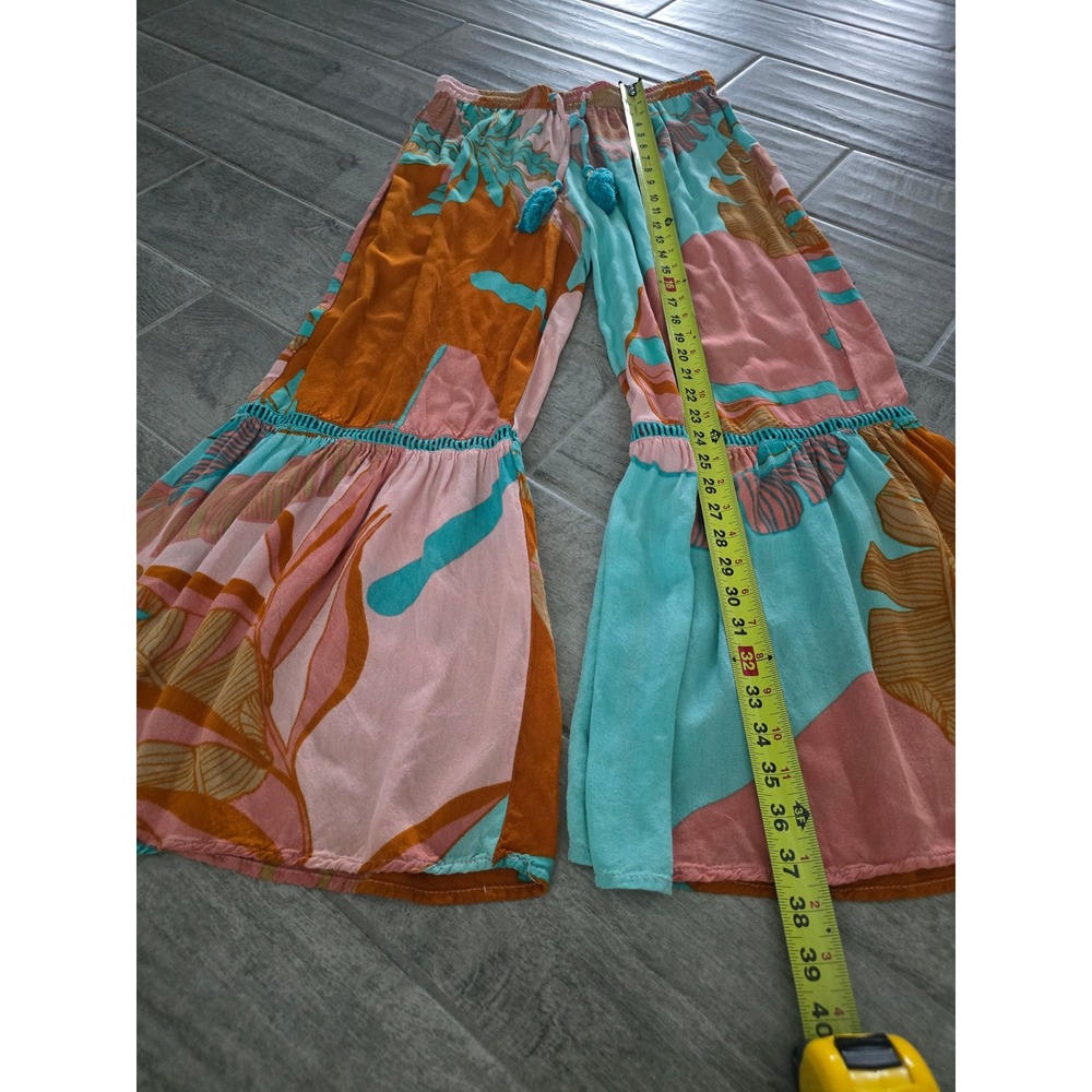 True Destinations Resort Tropical Print Flare Leg Pants Teal Pink Floral Medium - Picture 3 of 7